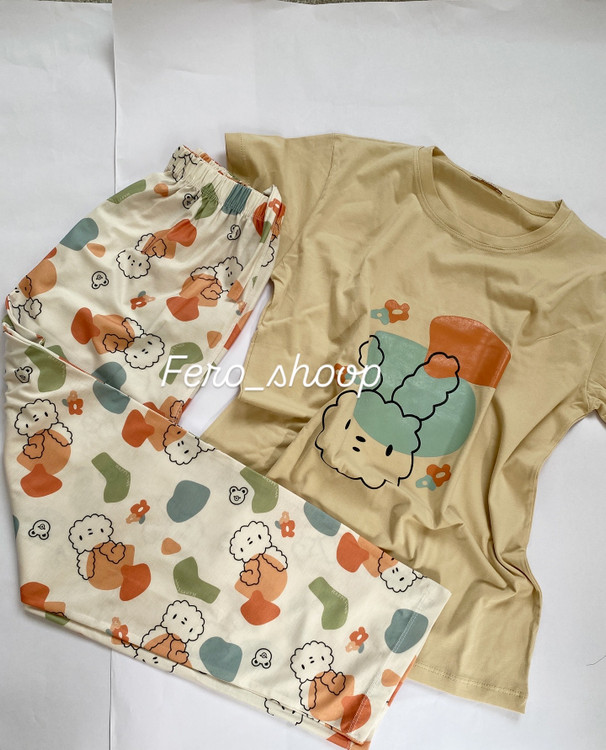 ست تیشرت و شلوار دخترانه ،شلوار طرح دار ،فری سایز تا ۴۴